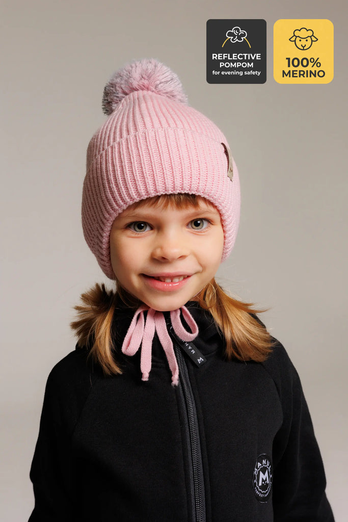 Winter beanie Blush — 100% extra fine merino wool, wool-fleece lined, reflective pom-pom