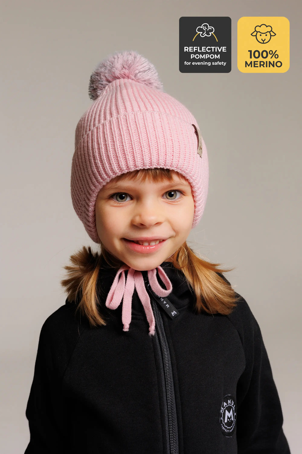 Winter beanie Blush — 100% extra fine merino wool, wool-fleece lined, reflective pom-pom