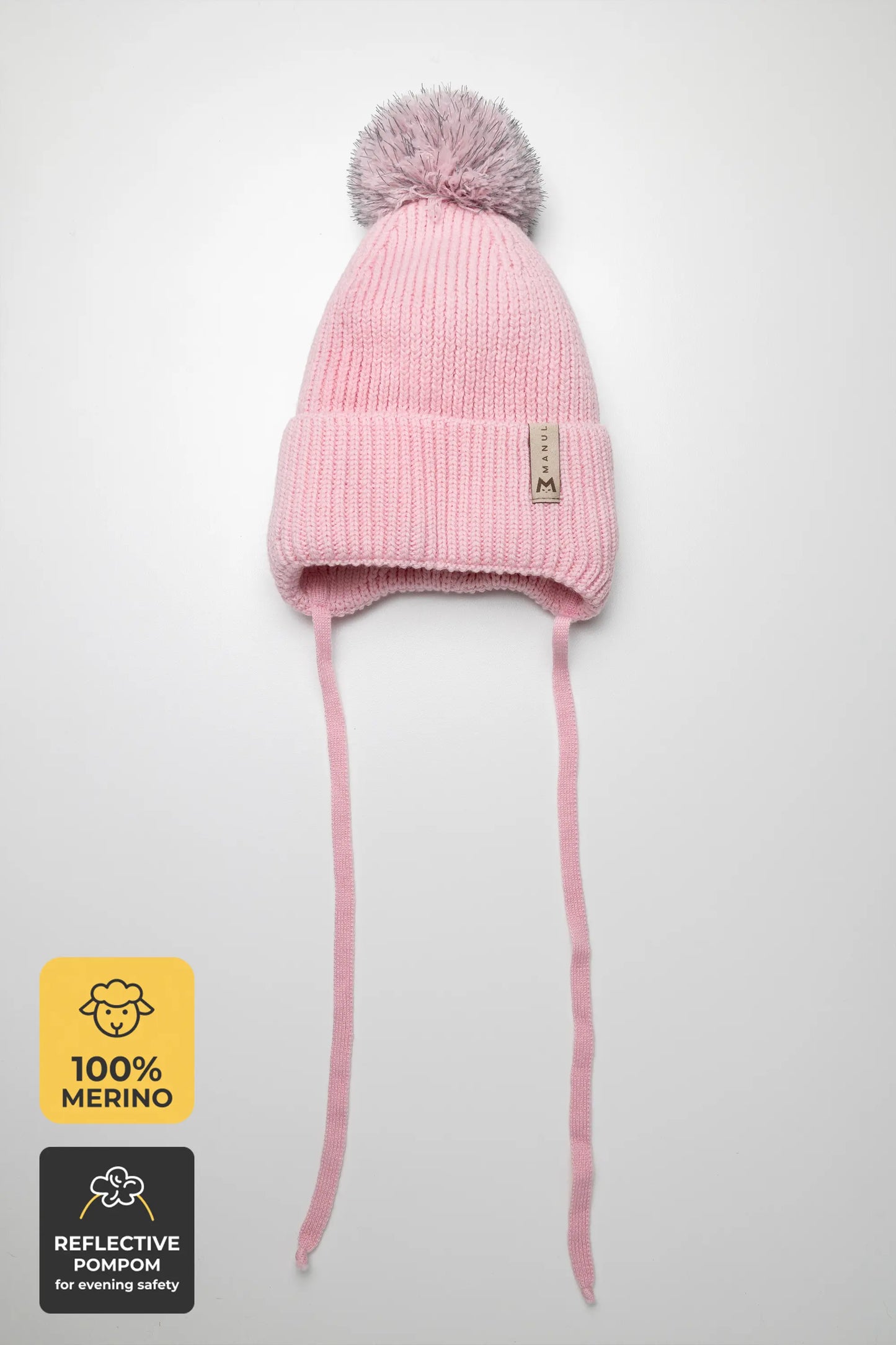 Winter beanie Blush — 100% extra fine merino wool, wool-fleece lined, reflective pom-pom