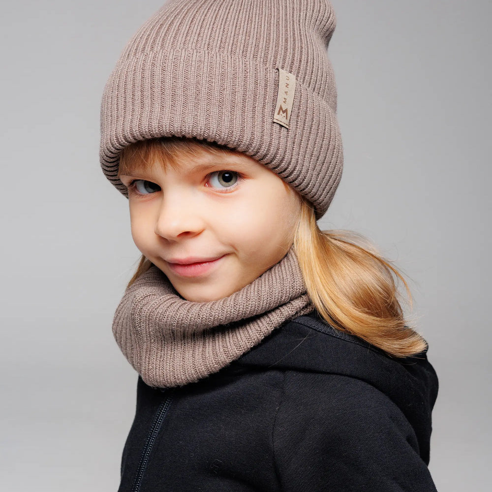 Set Mocha — merino beanie & tube scarf, 100% extra fine merino wool