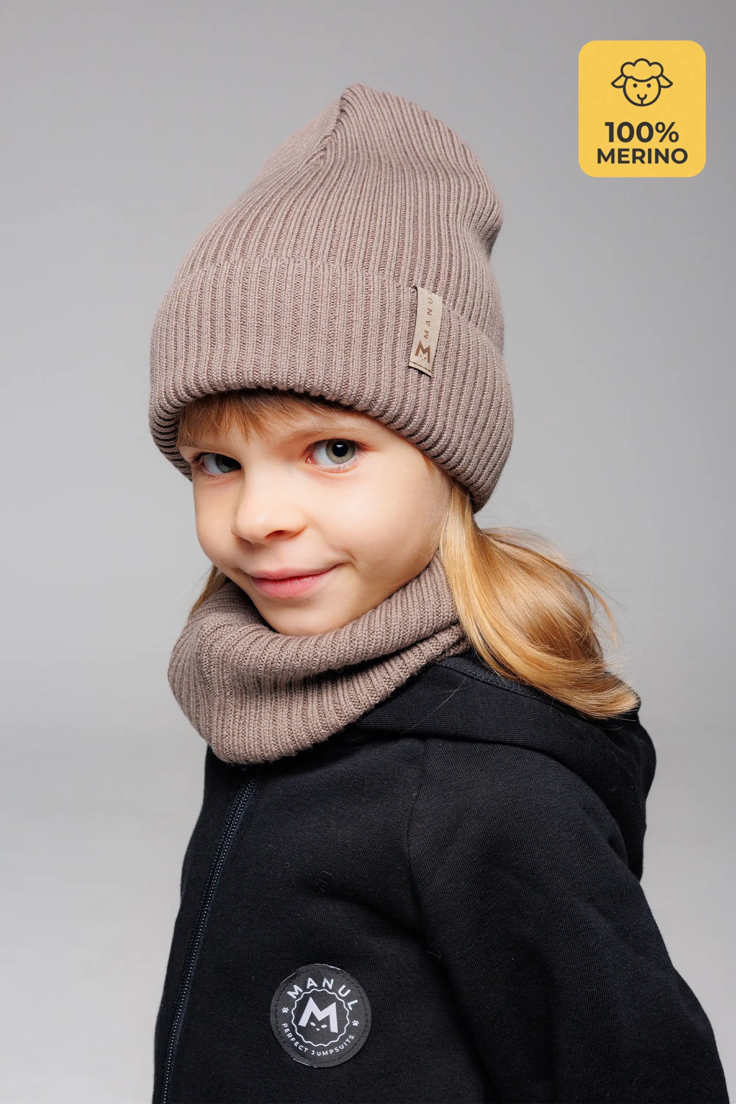 Set Mocha — merino beanie & tube scarf, 100% extra fine merino wool
