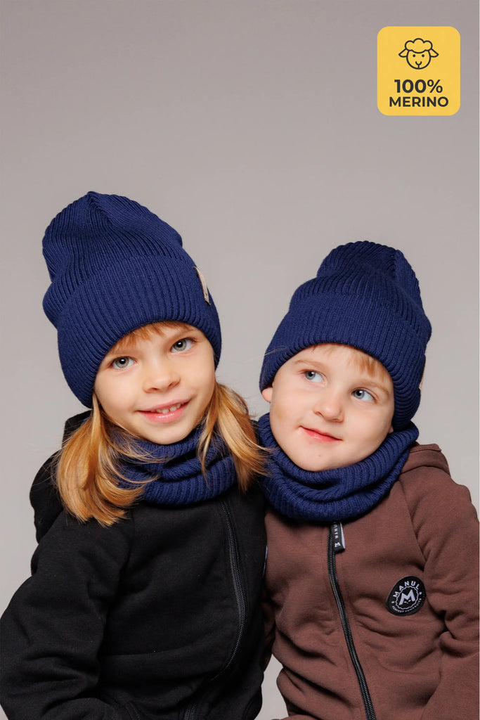 Set Navy — merino beanie & tube scarf, 100% extra fine merino wool