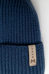 Winter beanie Navy — 100% extra fine merino wool, wool-fleece lined, reflective pom-pom