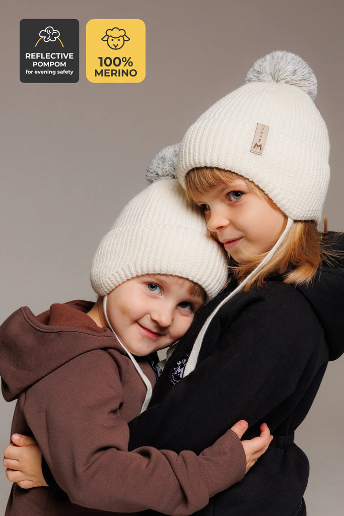 Winter beanie Vanilla — 100% extra fine merino wool, wool-fleece lined, reflective pom-pom