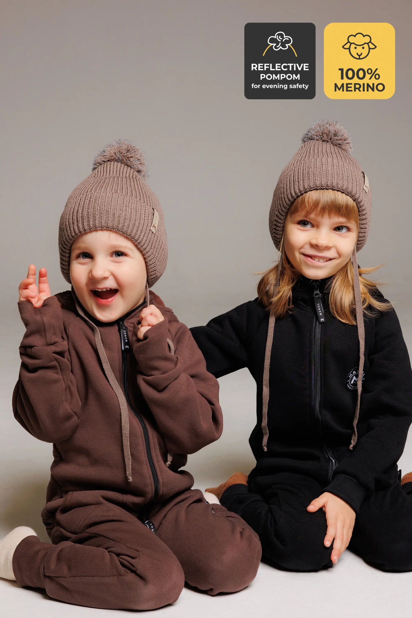 Winter beanie Mocha — 100% extra fine merino wool, wool-fleece lined, reflective pom-pom