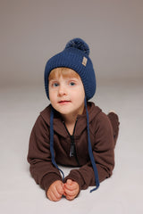 Winter beanie Navy — 100% extra fine merino wool, wool-fleece lined, reflective pom-pom