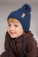 Winter beanie Navy — 100% extra fine merino wool, wool-fleece lined, reflective pom-pom