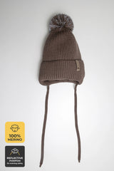 Winter beanie Mocha — 100% extra fine merino wool, wool-fleece lined, reflective pom-pom