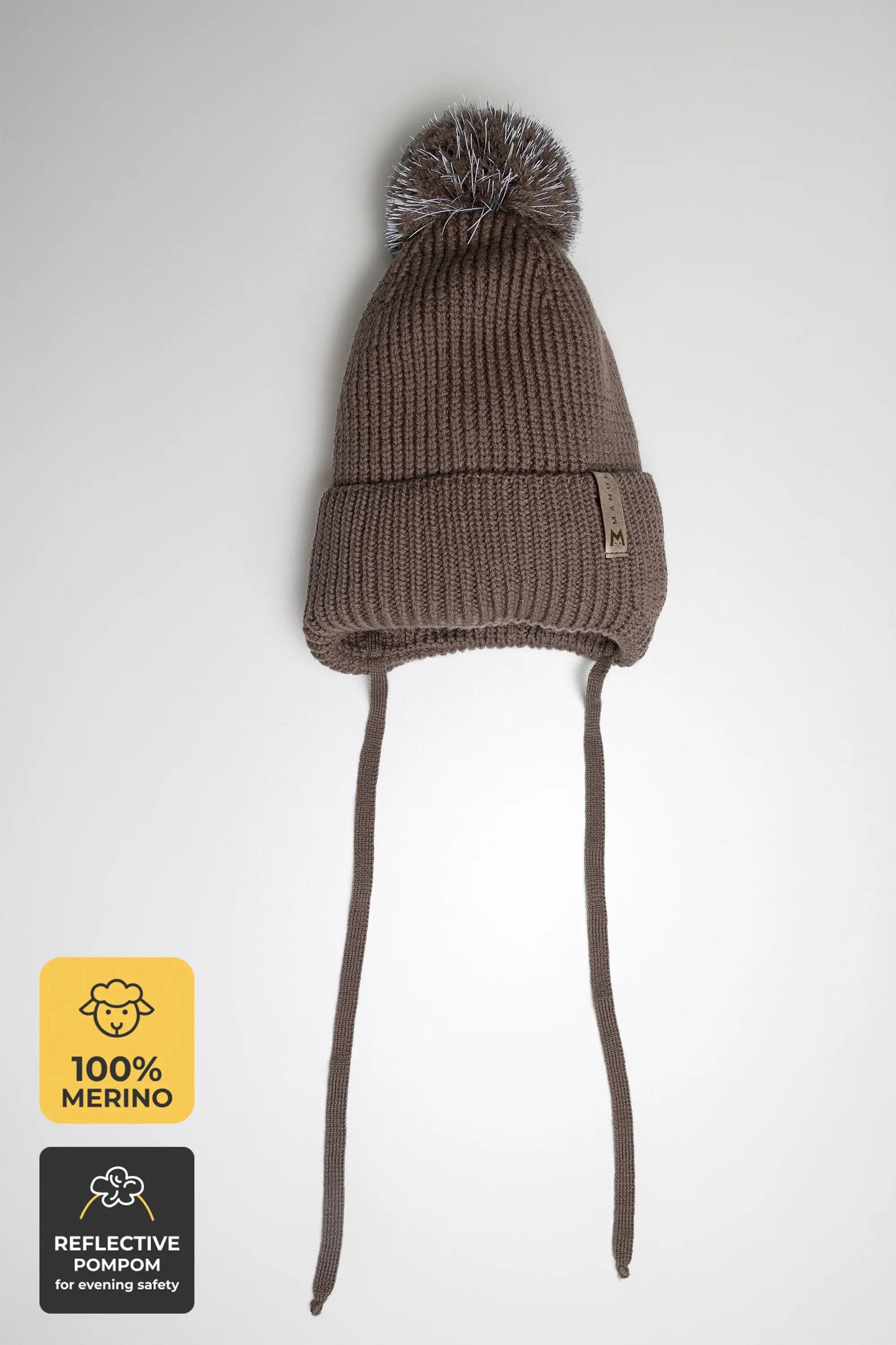 Winter beanie Mocha — 100% extra fine merino wool, wool-fleece lined, reflective pom-pom
